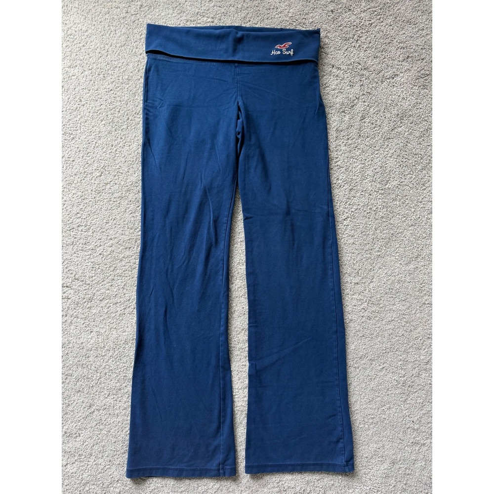 Hollister California Navy Blue Fold Over Waist Flare Yoga Pants Large Y2K Logo